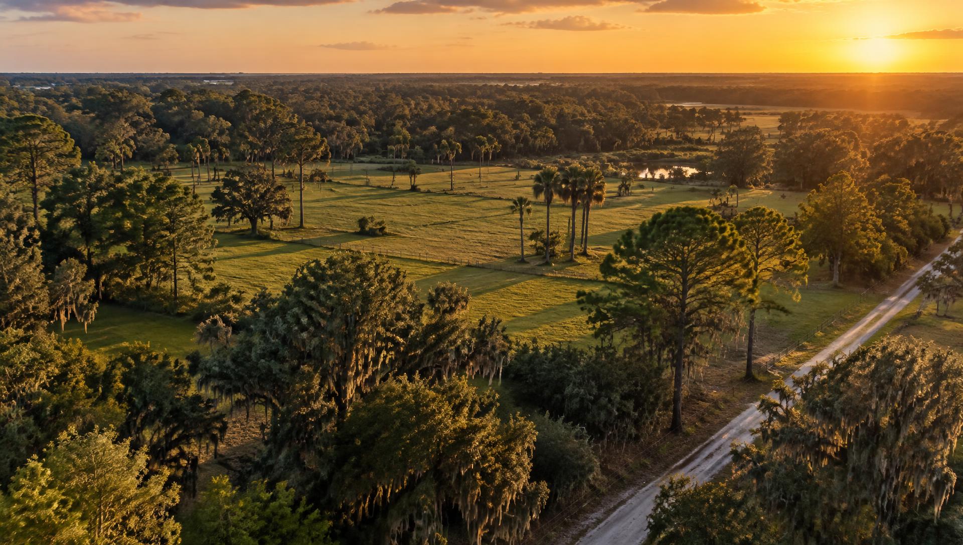 Golden-hour aerial view of Florida pasture land and oak trees